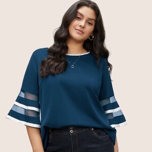BloomChic Plus Size  Contrast Patchwork Mesh Bell Sleeve Blouse